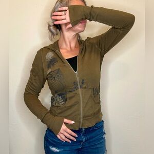 Woman’s Olive Green, Owl Print Hoody Sweatshirt